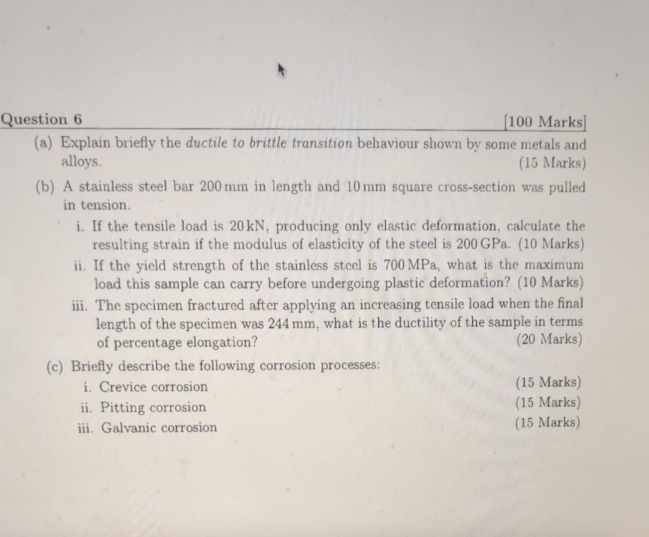 (a) Explain briefly the ductile to brittle transition behaviour shown by some metals and alloys.
(15 Marks)
(b) A stainless s