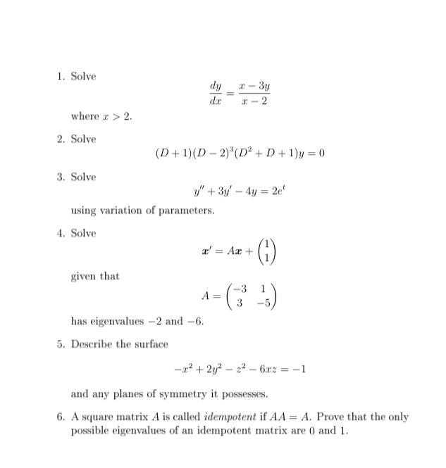 Solved 1. Solve where x>2. 2. Solve dxdy=x−2x−3y | Chegg.com