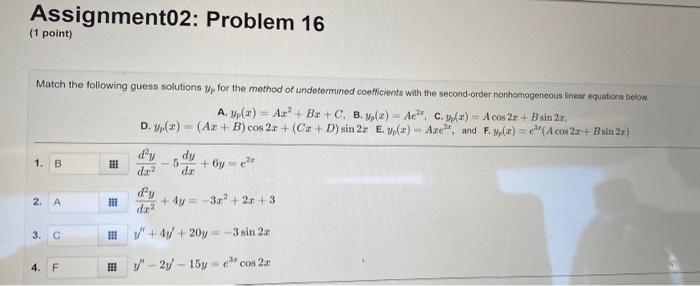 Solved Assignment02: Problem 16 (1 point) Match the | Chegg.com