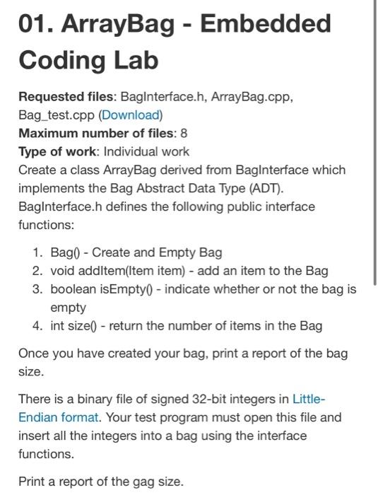 Solved 01. ArrayBag - Embedded Coding Lab Requested files: | Chegg.com