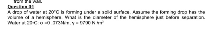 Solved from the wall. Question 04 A drop of water at 20°C is | Chegg.com