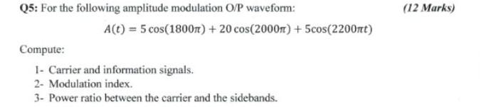 Solved (12 Marks) Q5: For the following amplitude modulation | Chegg.com