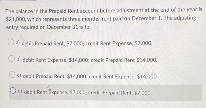 Solved The balance in the Prepaid Rent account before | Chegg.com