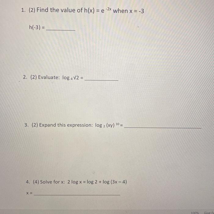 Solved 1 2 Find The Value Of H X E 2x When X 3 Chegg Com