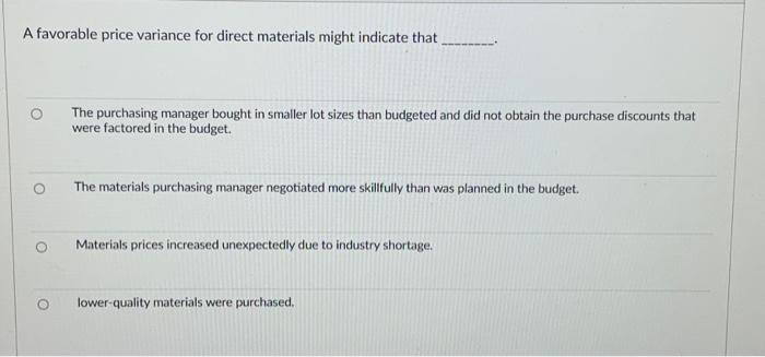 Solved A favorable price variance for direct materials might 