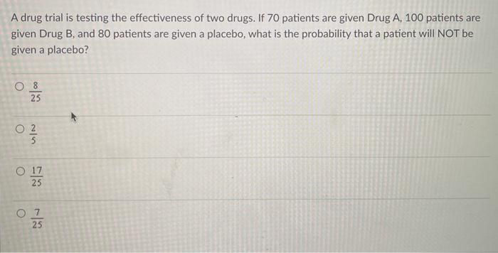 Solved A Drug Trial Is Testing The Effectiveness Of Two | Chegg.com