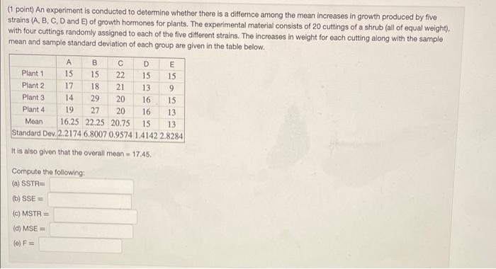 Solved (point) An experiment is conducted to determine | Chegg.com