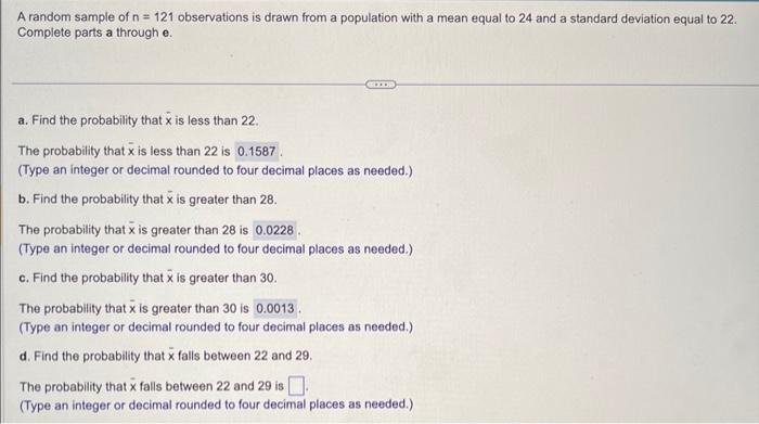 Solved A random sample of n=121 observations is drawn from a | Chegg.com