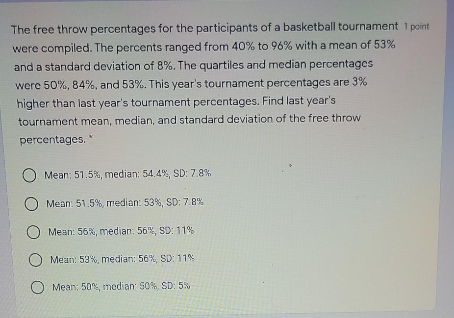 Solved The free throw percentages for the participants of a