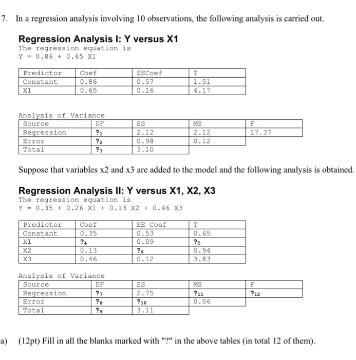 Solved 7. In a regression analysis involving 10 | Chegg.com