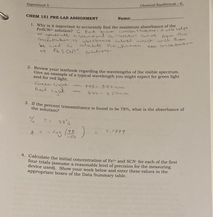 Experiment 5 Chemical Equilibrium - K Name: CHEM 151 | Chegg.com