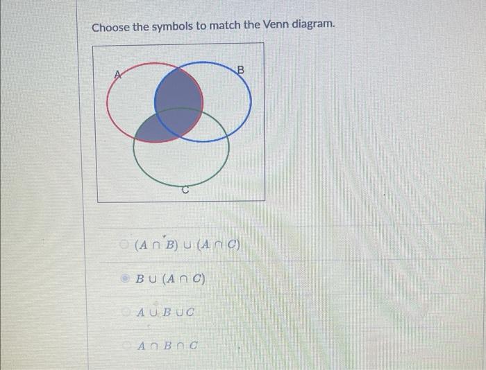 Choose the symbols to match the Venn diagram.
\[
\begin{array}{l}
(A \cap B) \cup(A \cap C) \\
B \cup(A \cap C) \\
A \cup B \