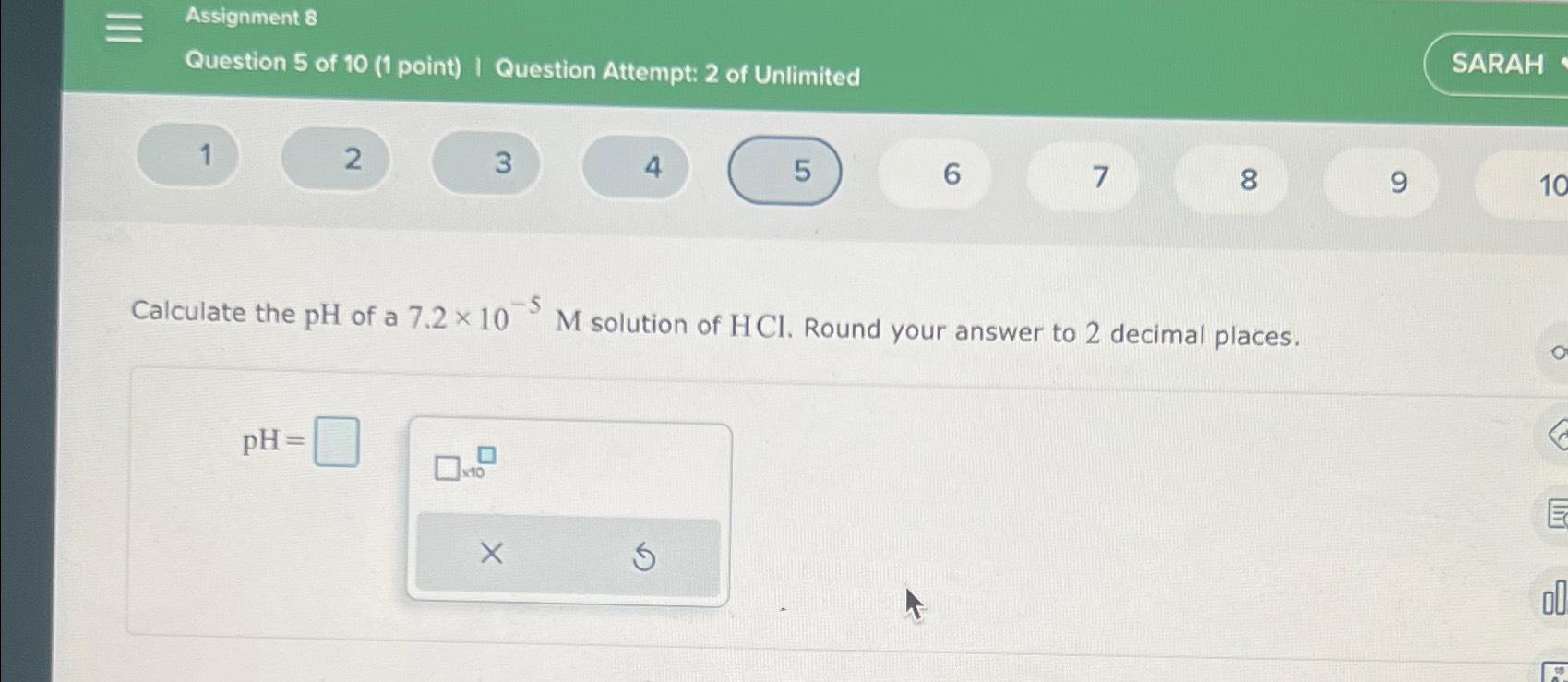 calculate the ph of 10 5m hcl solution is