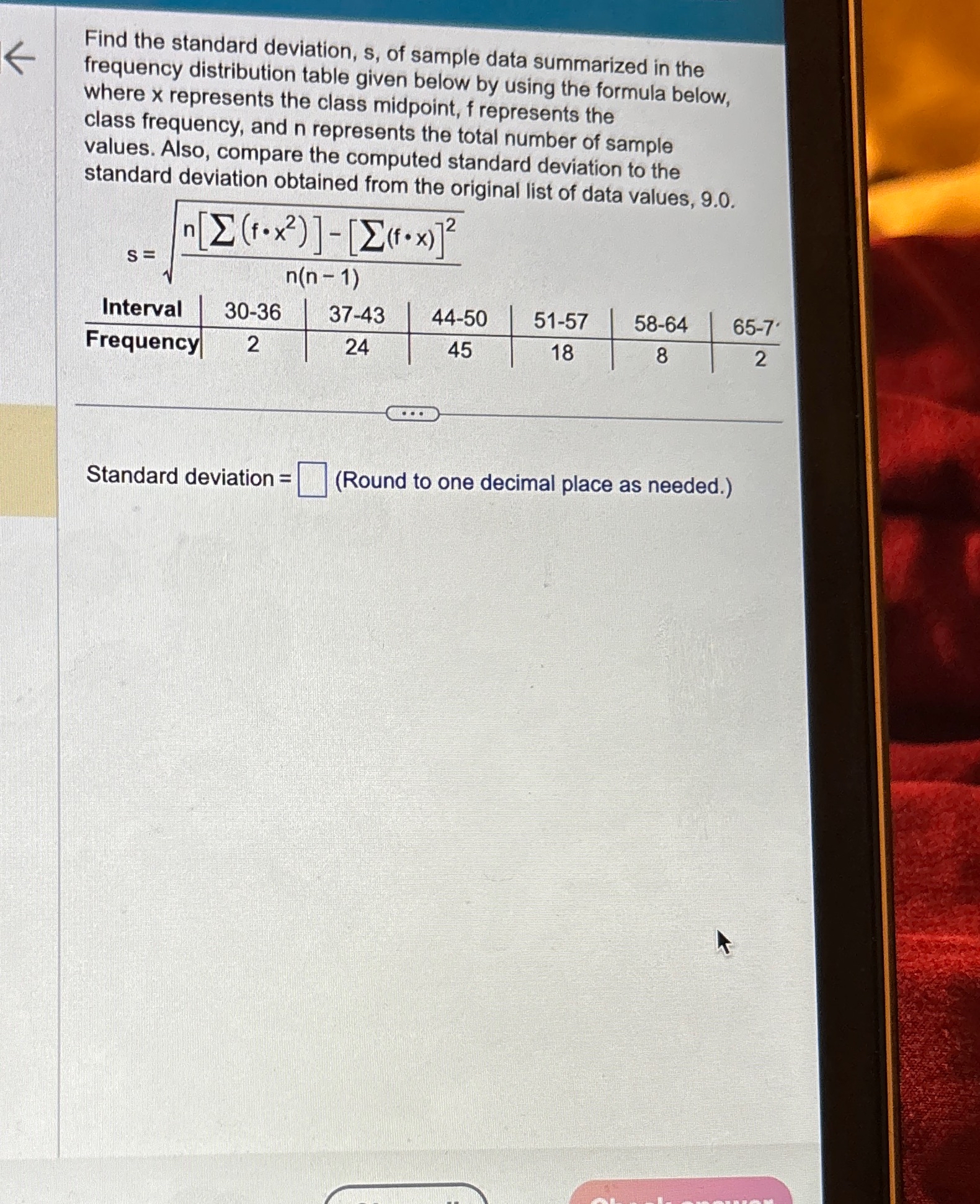 Solved Find the standard deviation, s, ﻿of sample data | Chegg.com