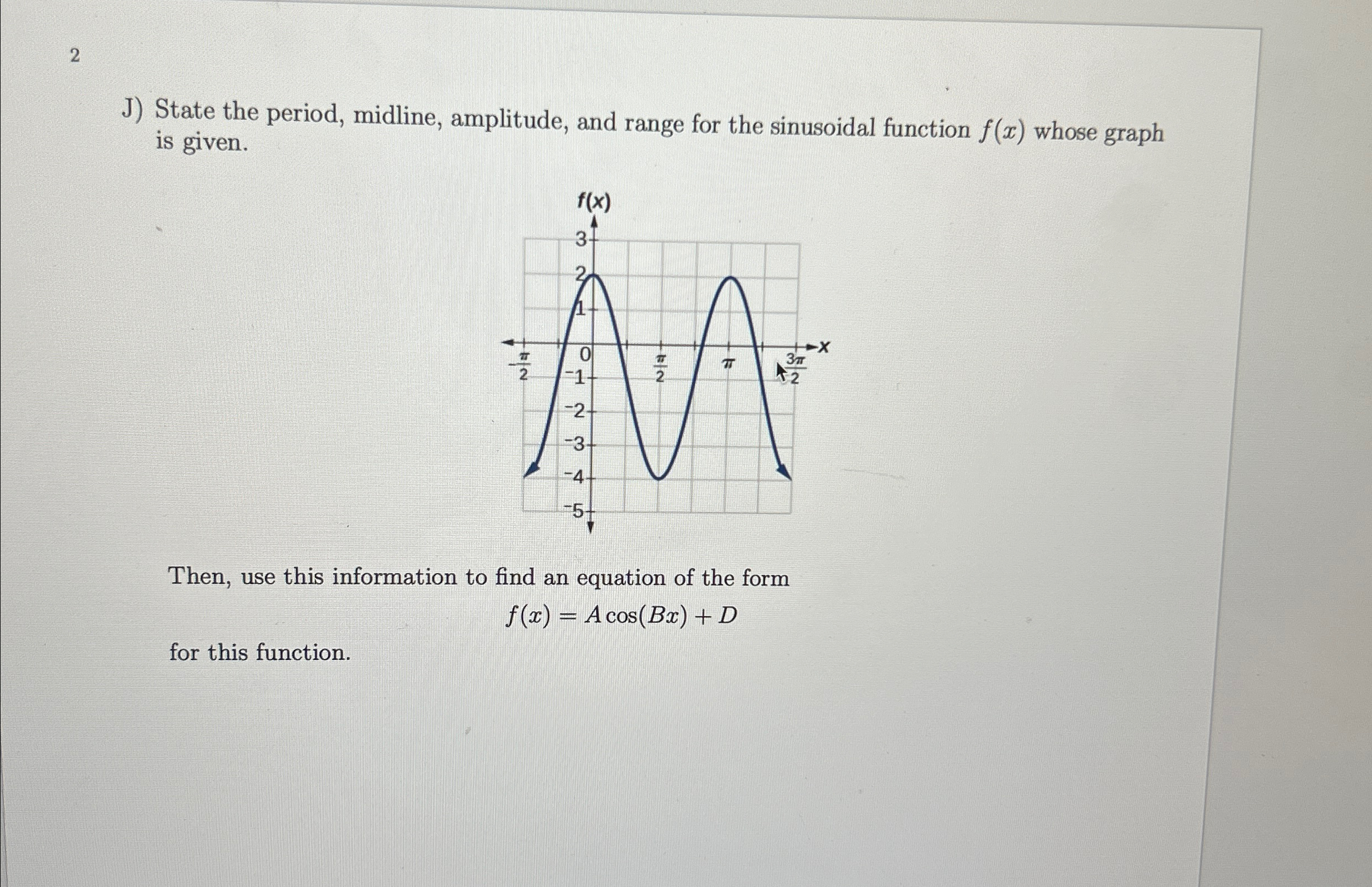 Solved 2J) ﻿State the period, midline, amplitude, and range | Chegg.com