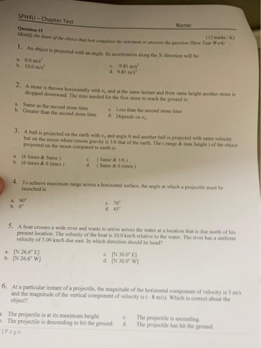 Solved SPH4U - Chapter Test Name: Question 1 (12 marks/K) | Chegg.com