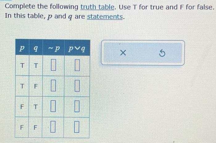 Solved Complete the following truth table. Use T for true | Chegg.com