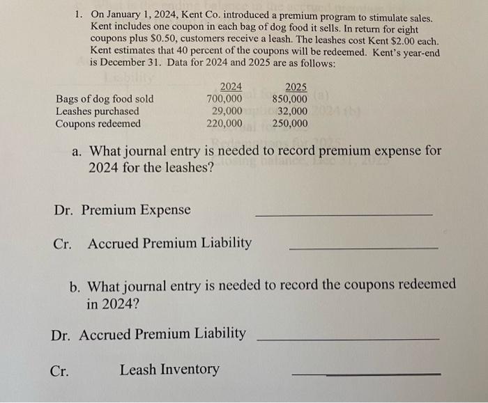 Solved 1. On January 1, 2024, Kent Co. introduced a premium