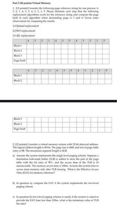Solved Part 3 (36 points) Virtual Memory 1. [12 points | Chegg.com