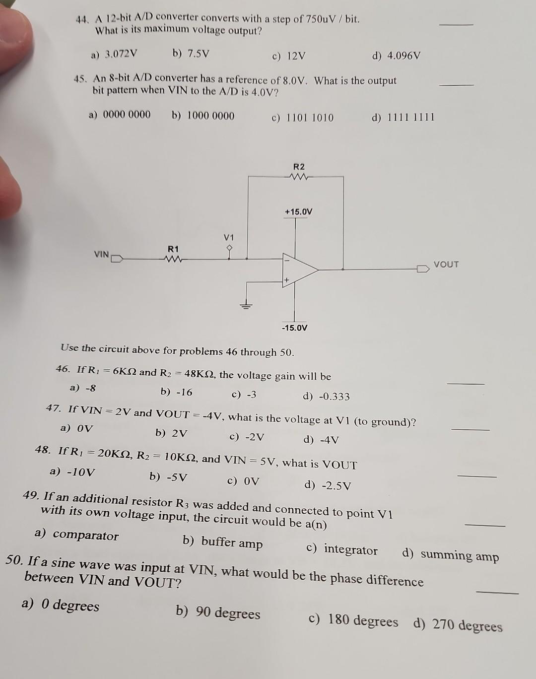Solved 44. A 12bit A/D converter converts with a step of