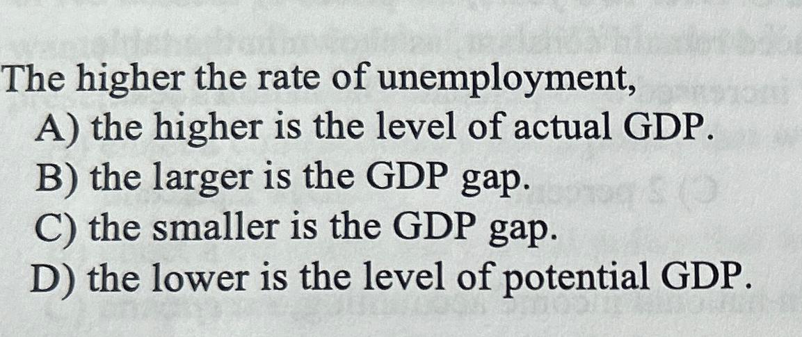 Solved The higher the rate of unemployment,A) ﻿the higher is | Chegg.com