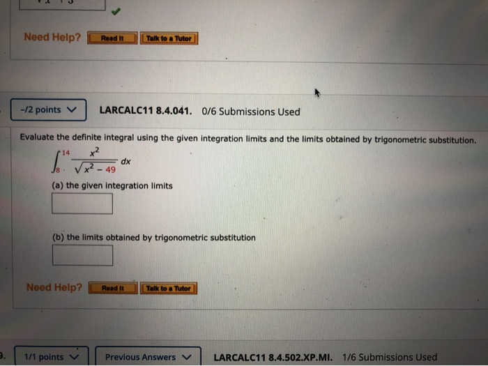 Solved Need Help? Talk to a Tutor -/2 points LARCALC11 | Chegg.com