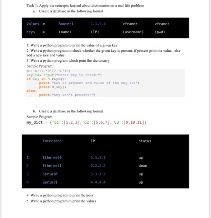 Solved Task 1: Apply the concepts learned about dictionaries | Chegg.com
