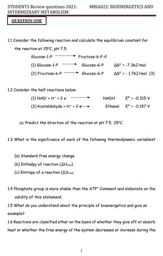 Solved MBIA022: BIOENERGETICS AND STUDENTS Review Questions | Chegg.com