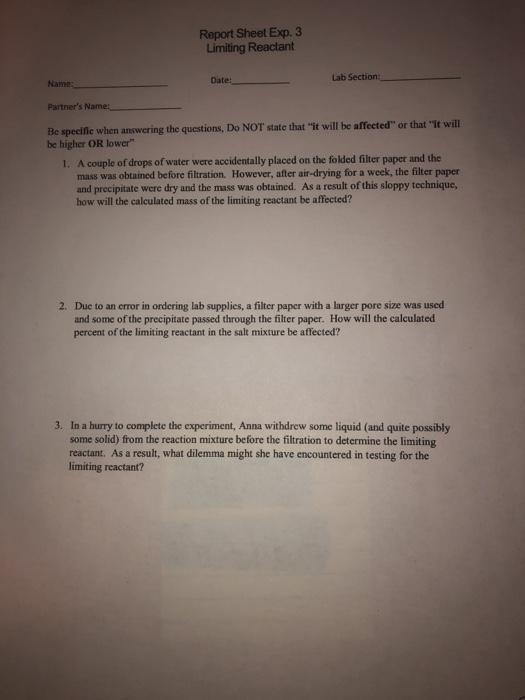 Solved Report Sheet Exp. 3 Limiting Reactant Date: Lab | Chegg.com