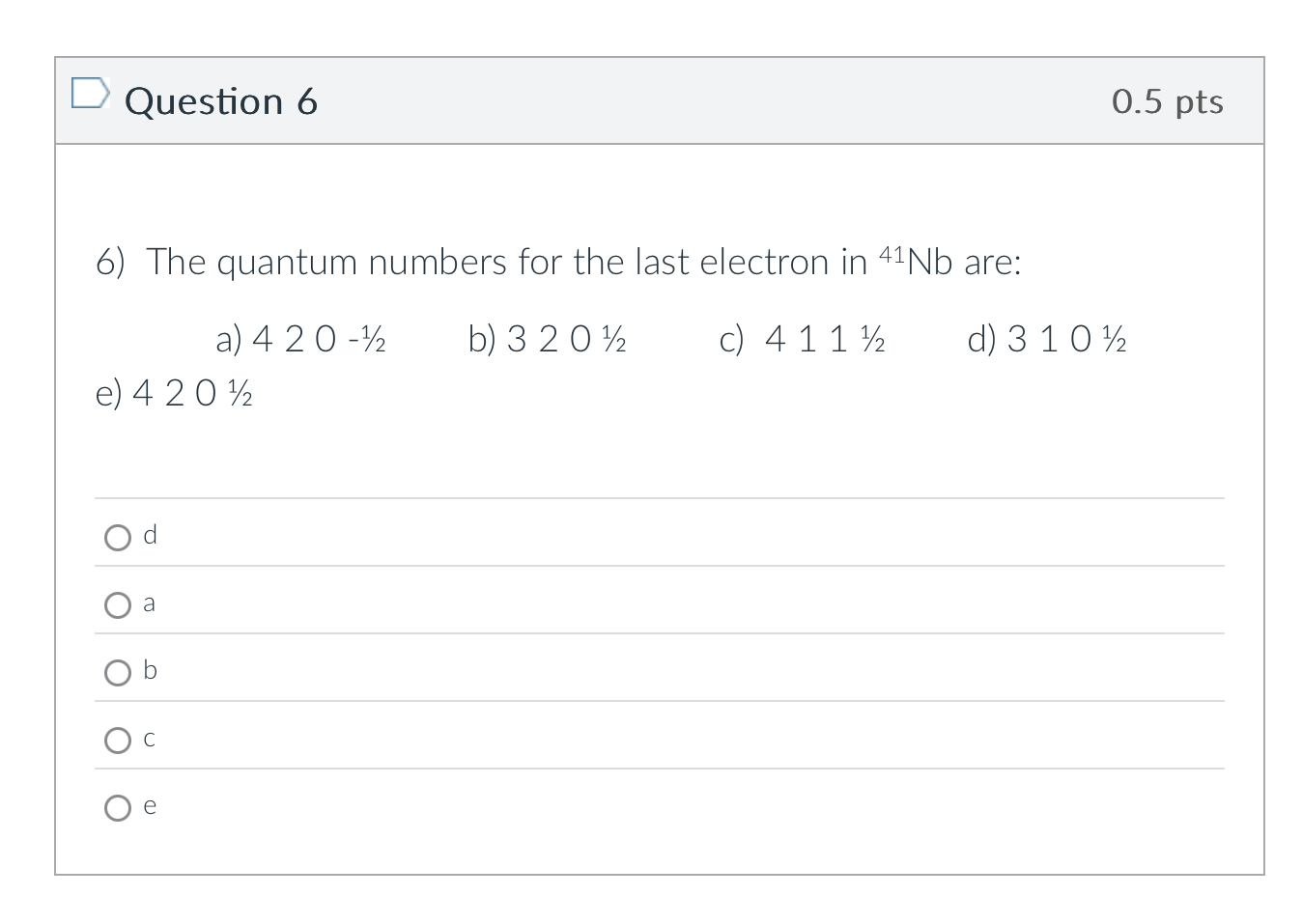 Solved Question 6The quantum numbers for the last electron | Chegg.com