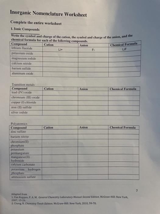 Inanic Nomenclature Worksheet Plete The Entire Chegg 