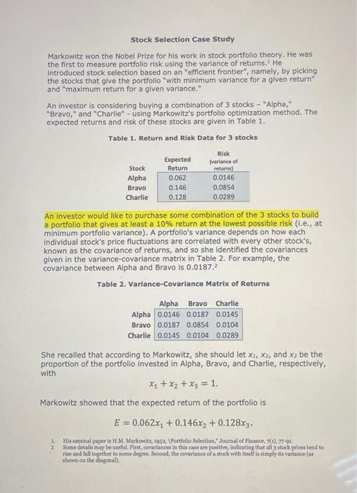 Stock Selection Case Study Markowitz won the Nobel | Chegg.com