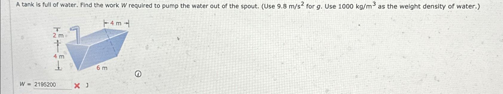Solved A tank is full of water. Find the work W ﻿required to | Chegg.com