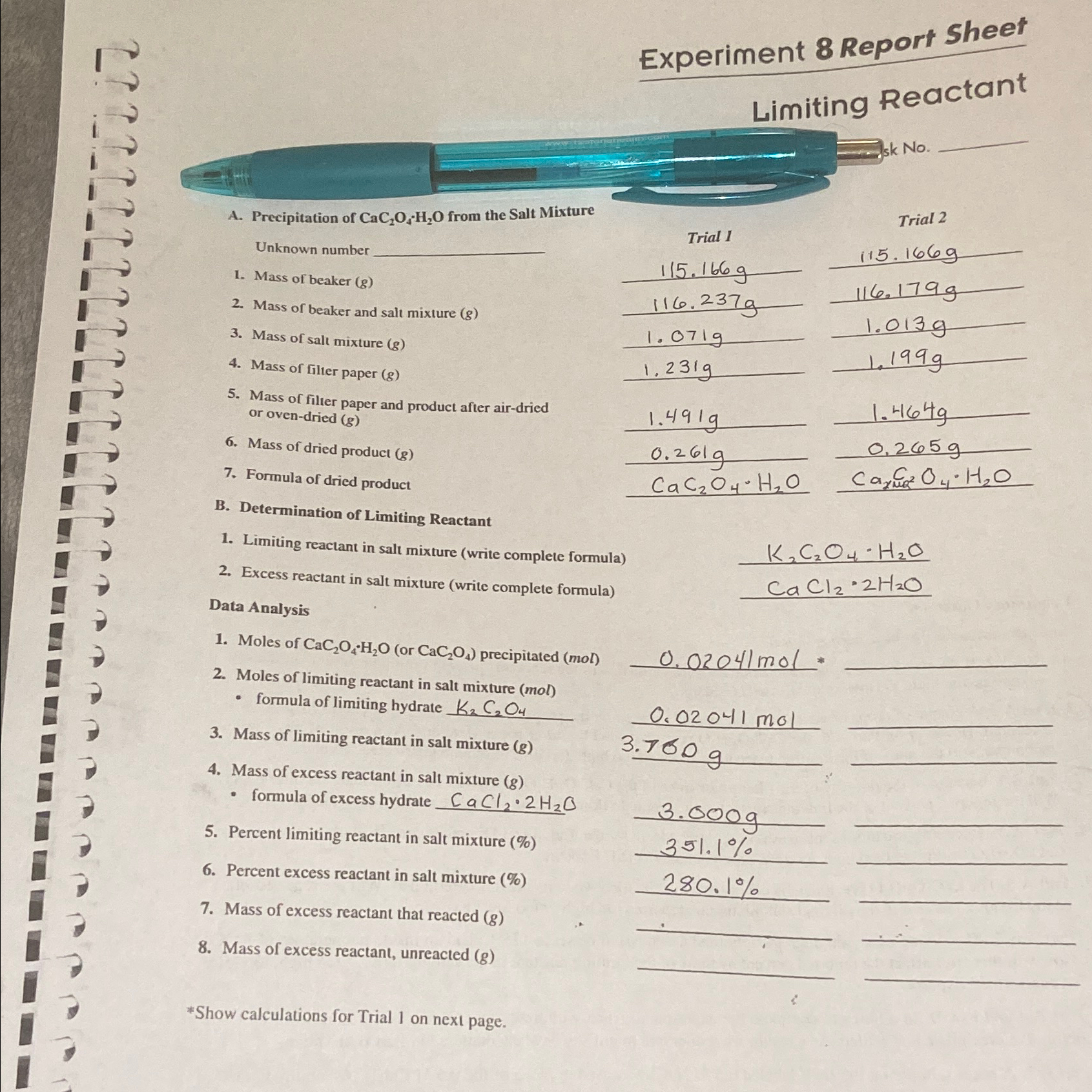 Solved Experiment 8 ﻿Report SheetLimiting ReactantA. | Chegg.com