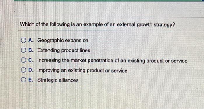 which-of-the-following-is-an-example-of-an-external-growth-strategy-o-a