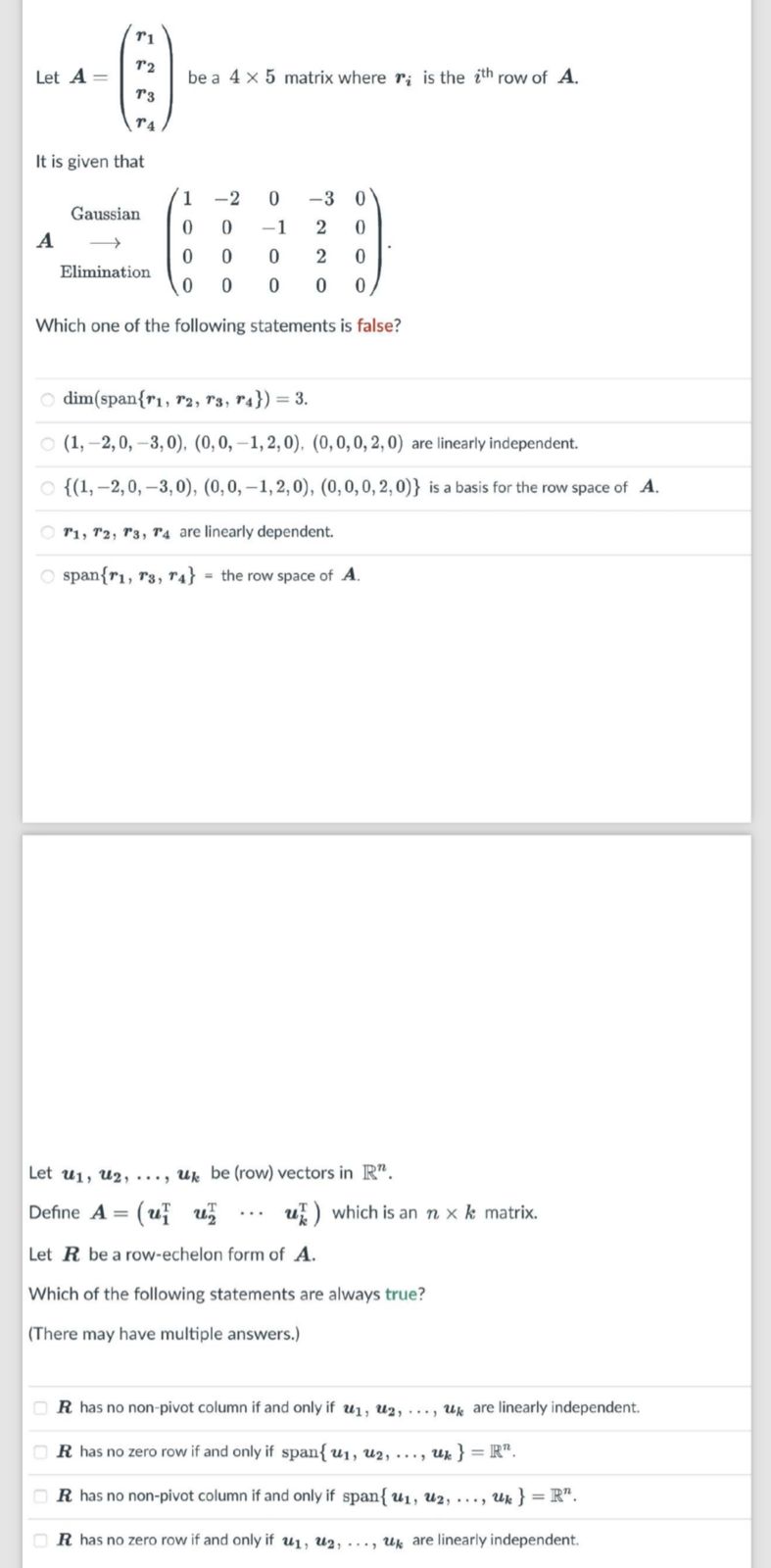 Solved Both !Let A=([r1],[r2],[r3],[r4]) ﻿be a 4×5 ﻿matrix | Chegg.com