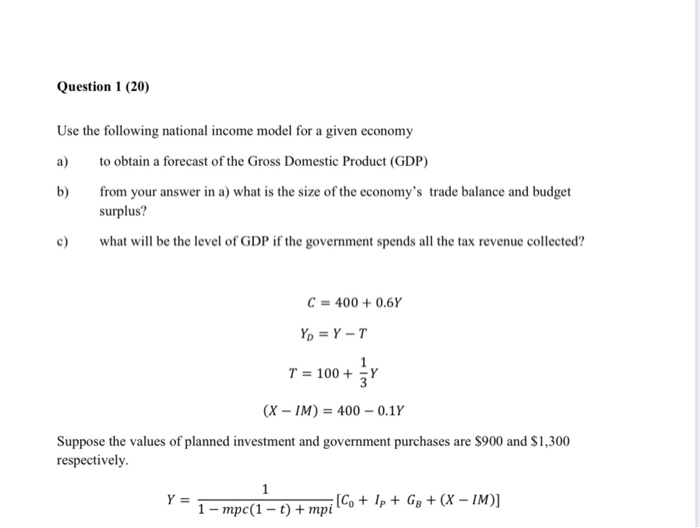 Solved Question 1 (20) Use The Following National Income | Chegg.com