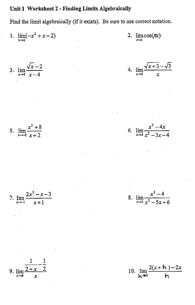 Solved Unit I Worksheet 2 Finding Limits Algebraically Chegg