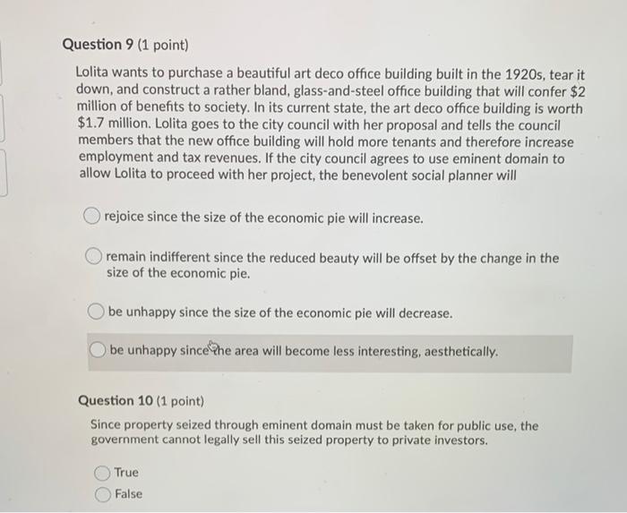 Solved Question 1 (1 point) Eminent domain is a power | Chegg.com