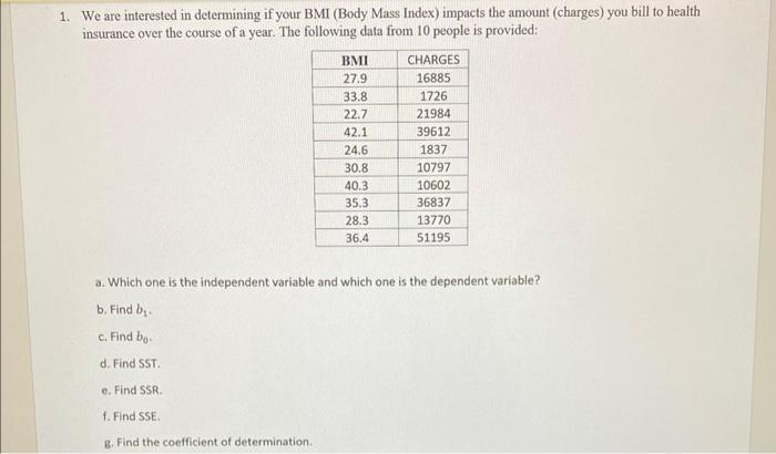 Solved 1. We are interested in determining if your BMI (Body | Chegg.com