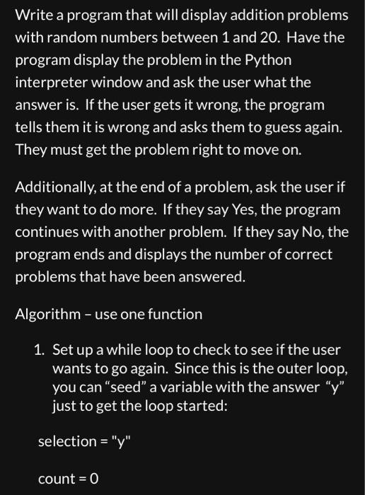 Solved Write a program that will display addition problems | Chegg.com
