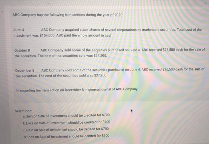 Solved ABC Company has the following transactions during the | Chegg.com