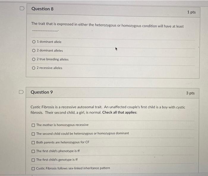 Solved Question 8 1 pts The trait that is expressed in | Chegg.com
