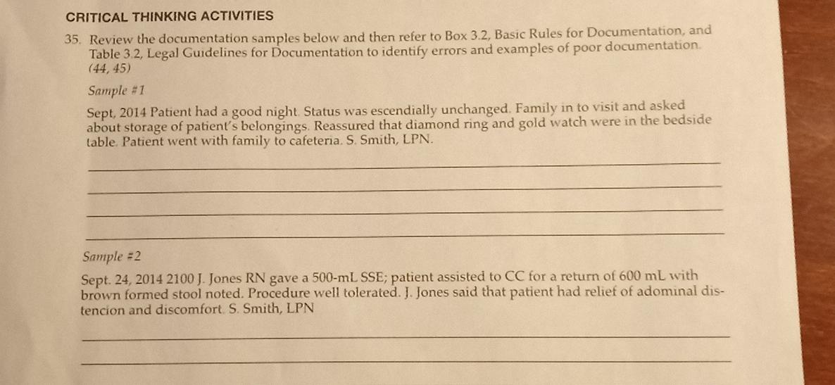 CRITICAL THINKING ACTIVITIES 35. Review the documentation samples below and then refer to Box 3.2, Basic Rules for Documentat