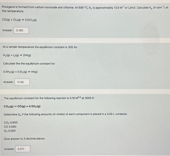 Solved Phosgene is formed from carbon monoxide and chlorine.