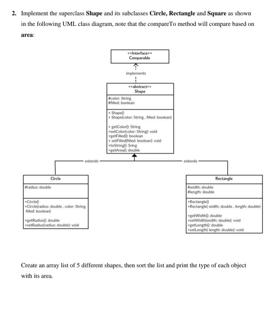 2. Implement the superclass Shape and its subclasses Circle, Rectangle and Square as shown in the following UML class diagram