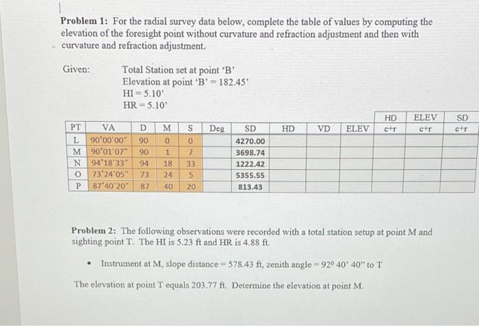 Solved Problem 1: For the radial survey data below, complete | Chegg.com