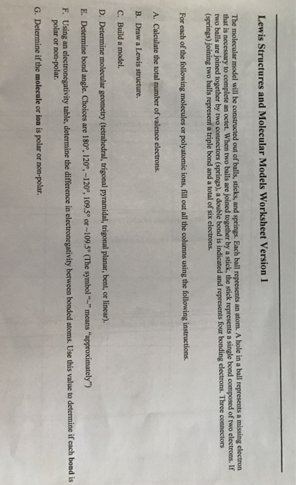 Solved Lewis Structures and Molecular Models Worksheet | Chegg.com