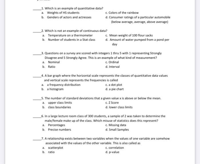 Solved _1. Which is an example of quantitative data? a. | Chegg.com