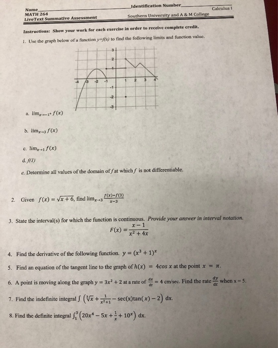 Solved Identification Number Name Calculus 1 MATH 264 Live | Chegg.com